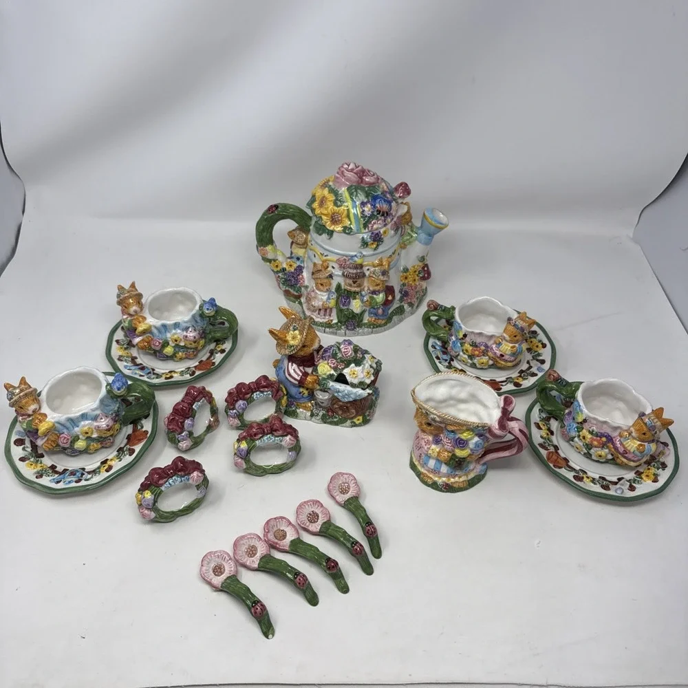 Vintage 1999 Mercuries Springtime Ceramic Tea Set Bunny Rabbit Easter Decorative